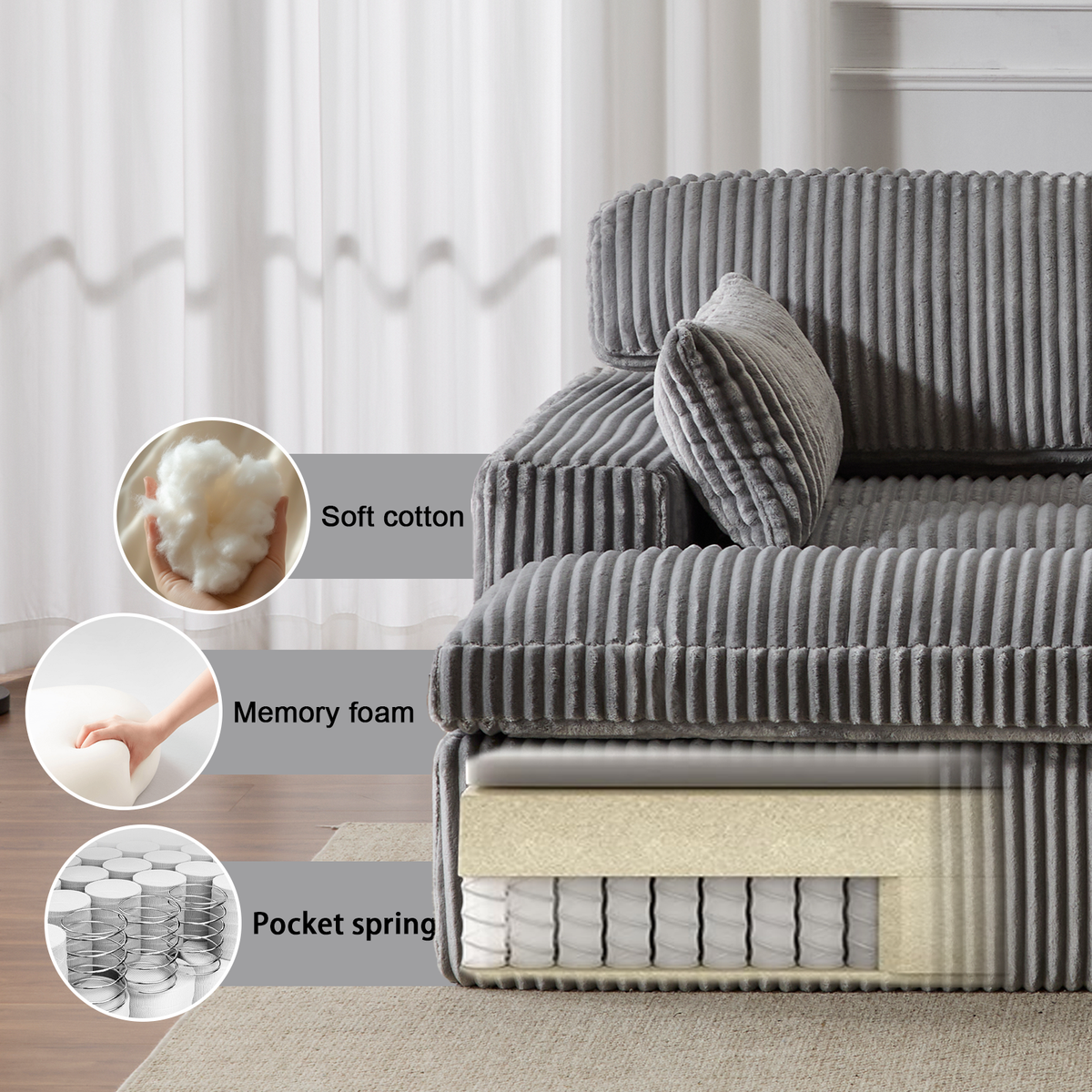 Double Chaise Lounge Chair Indoor,Oversized Upholstered Sleeper Cloud Couch,Deep Seat Luxury Sofa Bed,Sectional Sofa Chaise Love-seat,Corduroy Reading Chair For Living Room,No Assembly Required,Grey