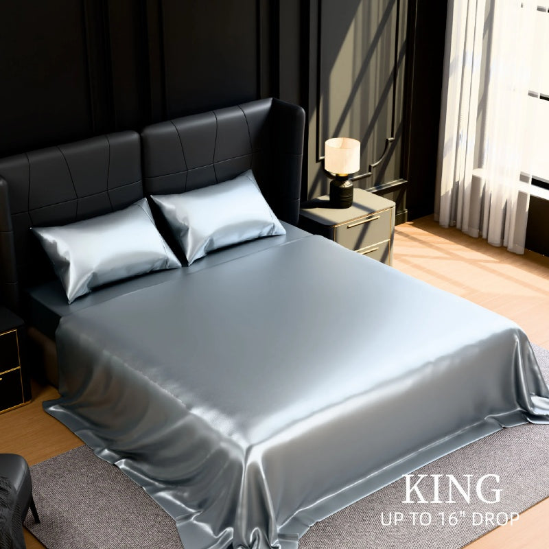 Satin Bed Sheets, King Size Sheets Set, 4 Pcs Silky Bedding Set With 15 Inches Deep Pocket For Mattress King, Grey