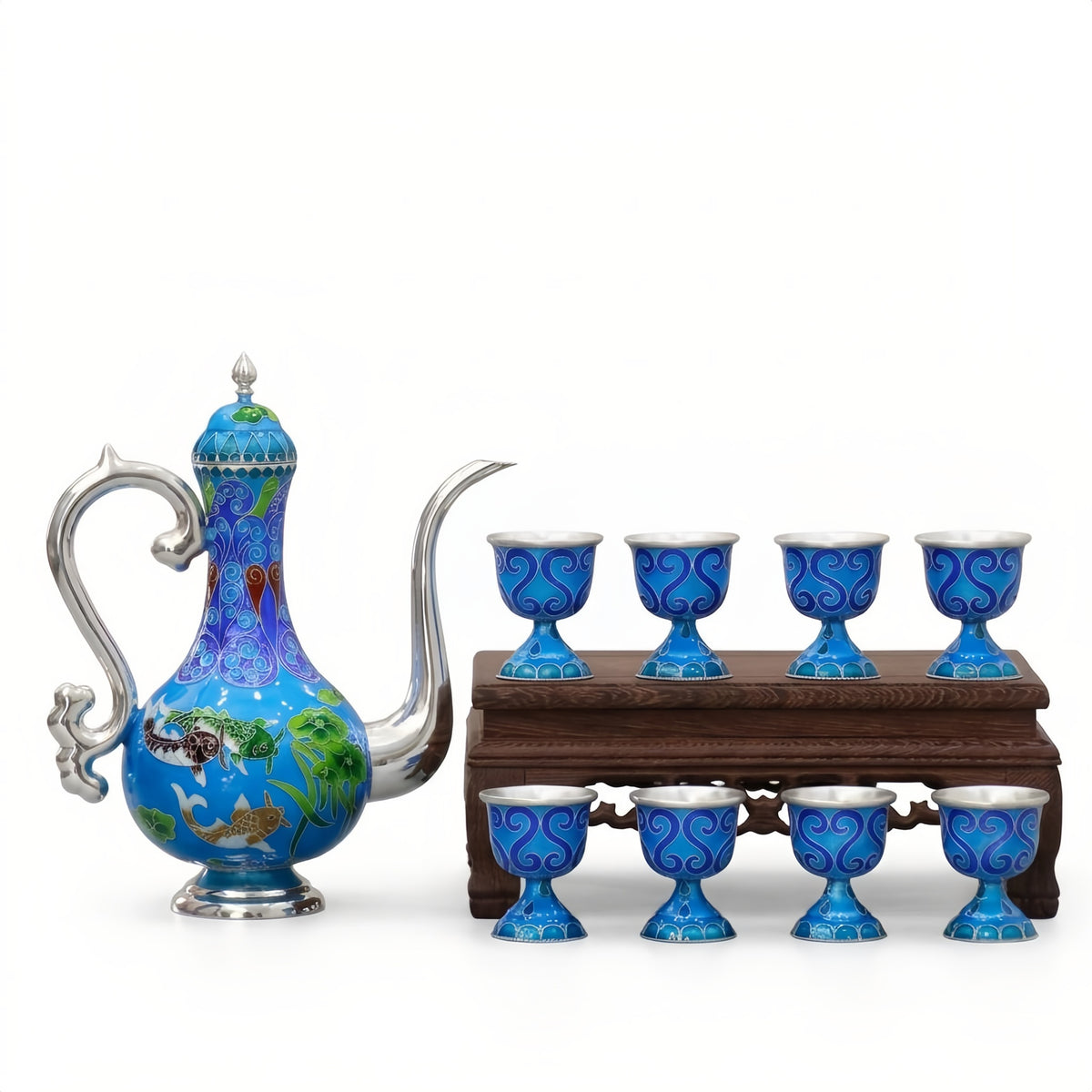 925 Sterling Silver Enamel and  Teapot Set with Eight Cups: Ornate Blue Design on Wooden Stand - Handicraft