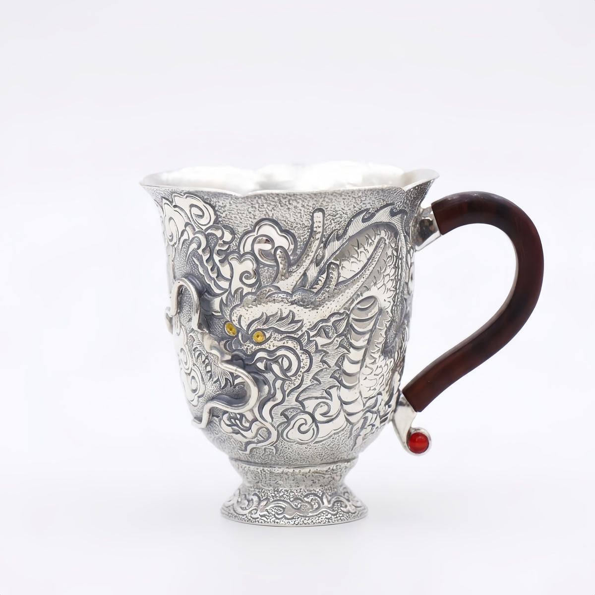 Pure 999 Fine Silver Ornate Handcrafted Silver Dragon Cup Featuring Dark Wood Handle and Vibrant Gemstone Accents - Handicraft