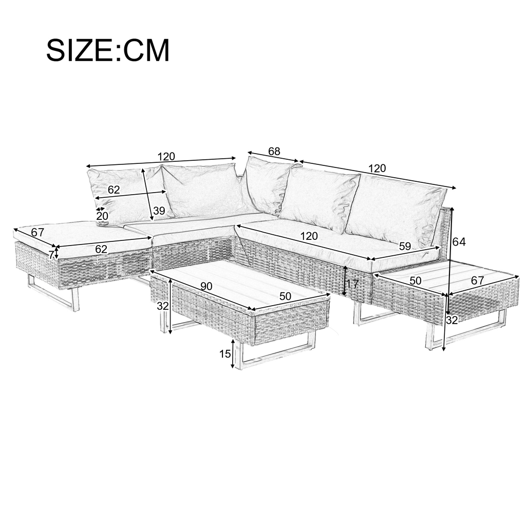 Mixed Khaki Rattan Corner Sofa Set,Industrial Style,with Coffee Table,Garden Furniture Set,Anti-UV Cushions Removable Covers,Khaki
