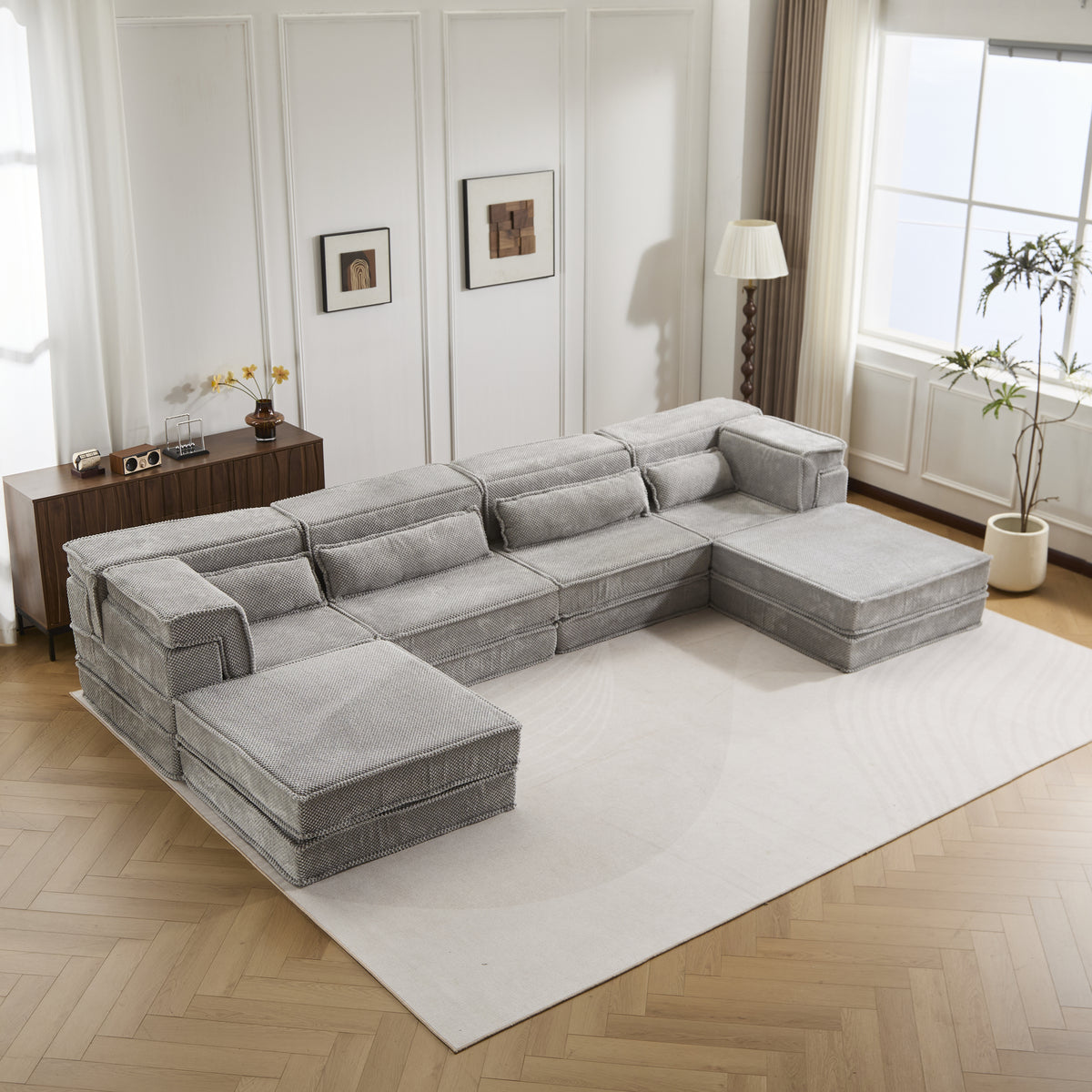 Compression Mahjong Sofa,Convertible Floor Sofa Bed,DIY Boneless Modular Sectional Sofa,No Assembly Required,Circle Fleece Fabric,Oversized 4 Seater With 2 Ottoman,Light-grey