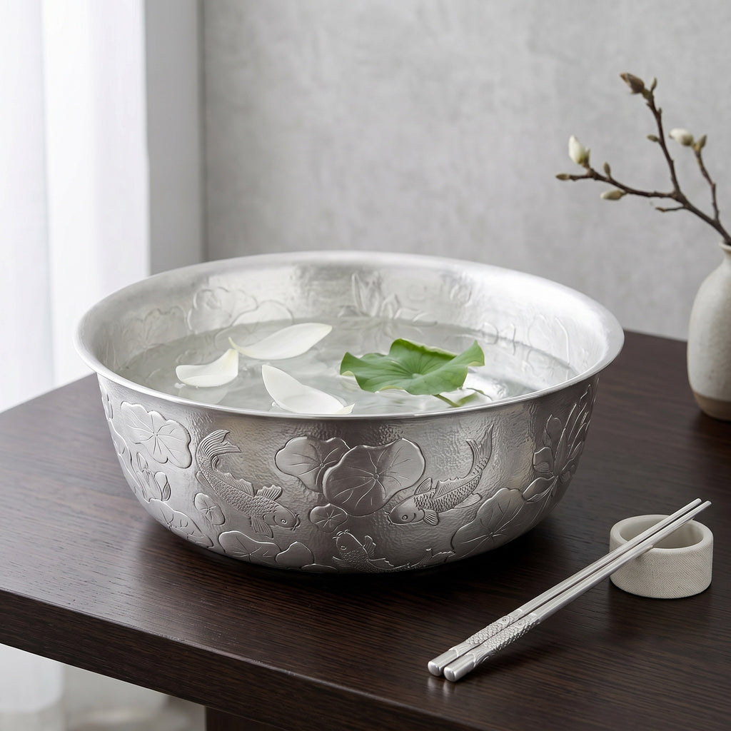 925 Sterling Silver Handcrafted Silver Basin with Intricate Koi Fish and Lotus Flower Relief Design - Handicraft