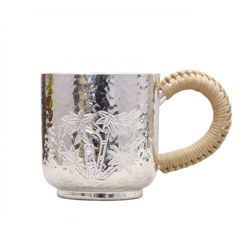 Pure 999 Fine Silver Handcrafted Hammered Silver Mug with Bamboo Engraving and Woven Rope Handle - Handicraft