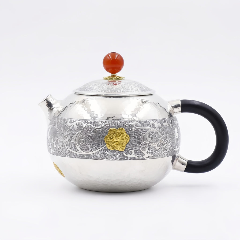 Pure 999 Fine Silver Elegant Handcrafted Silver Teapot Featuring Intricate Floral Engravings and Vibrant Red Finial - Handicraft