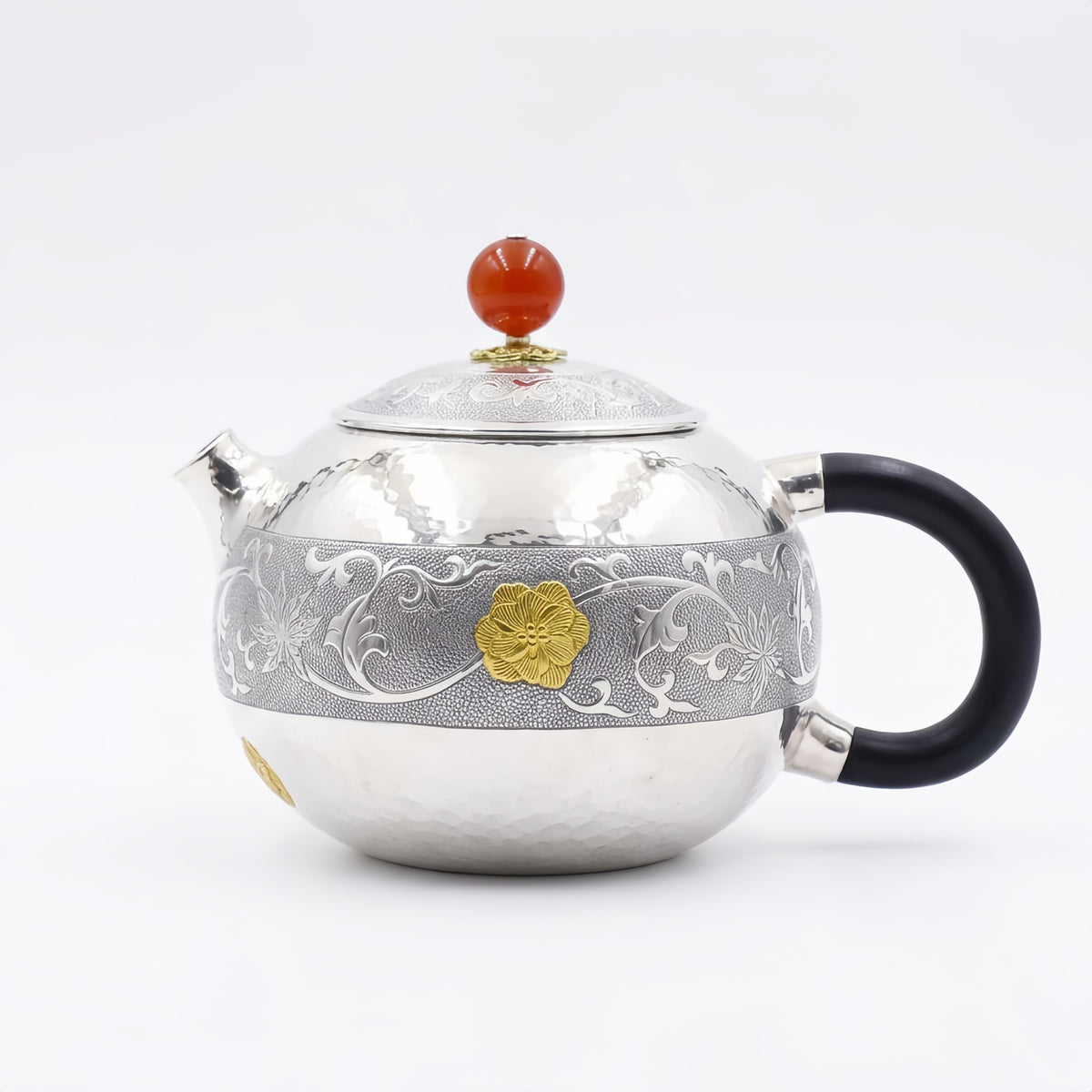 Pure 999 Fine Silver Elegant Handcrafted Silver Teapot Featuring Intricate Floral Engravings and Vibrant Red Finial - Handicraft
