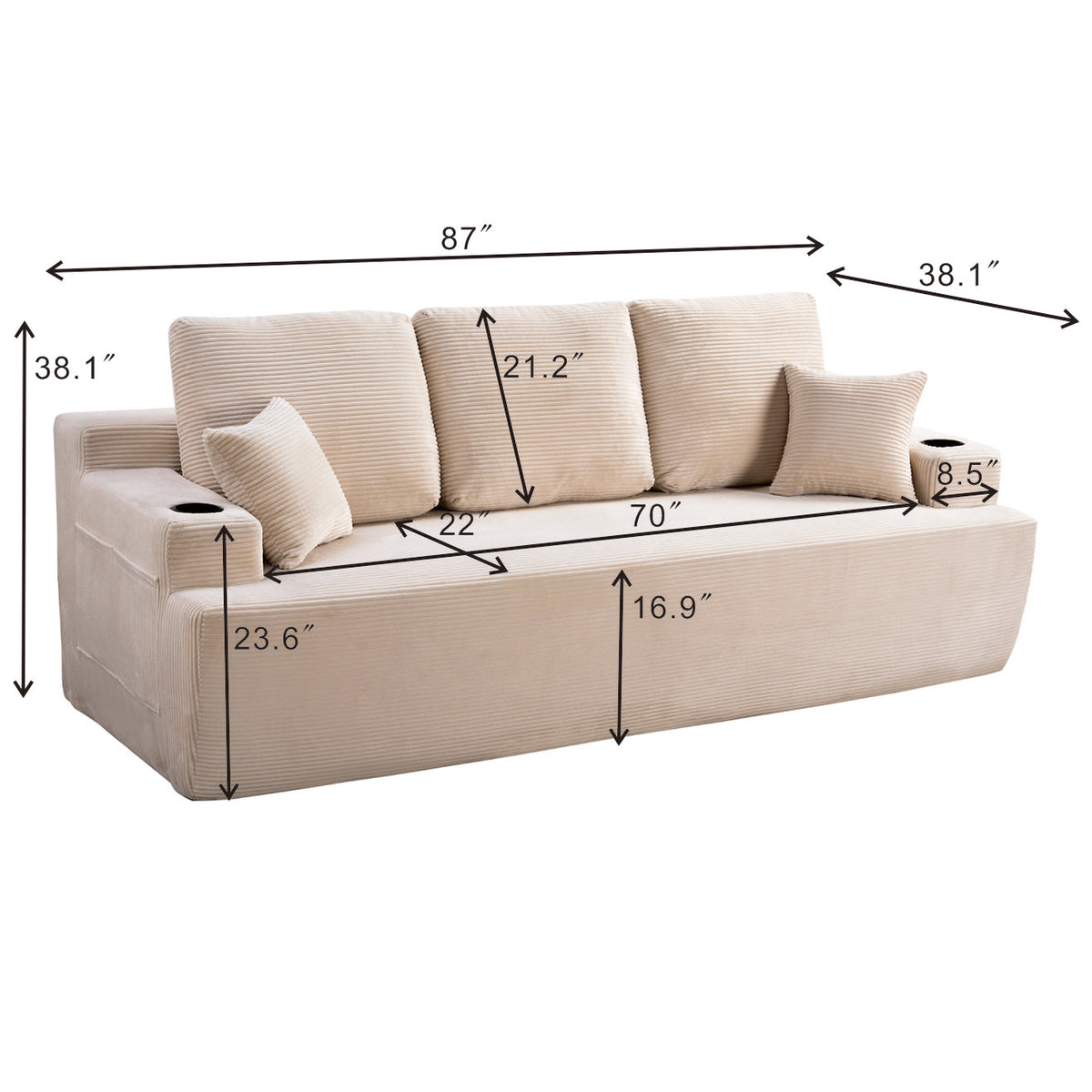 87 In 3-Seater Sofa For Living Room, Comfy Couches With Deep Seat, Plush Corduroy Fabric  With Cup Holders And Side Storage Pockets For Apartment Lounge