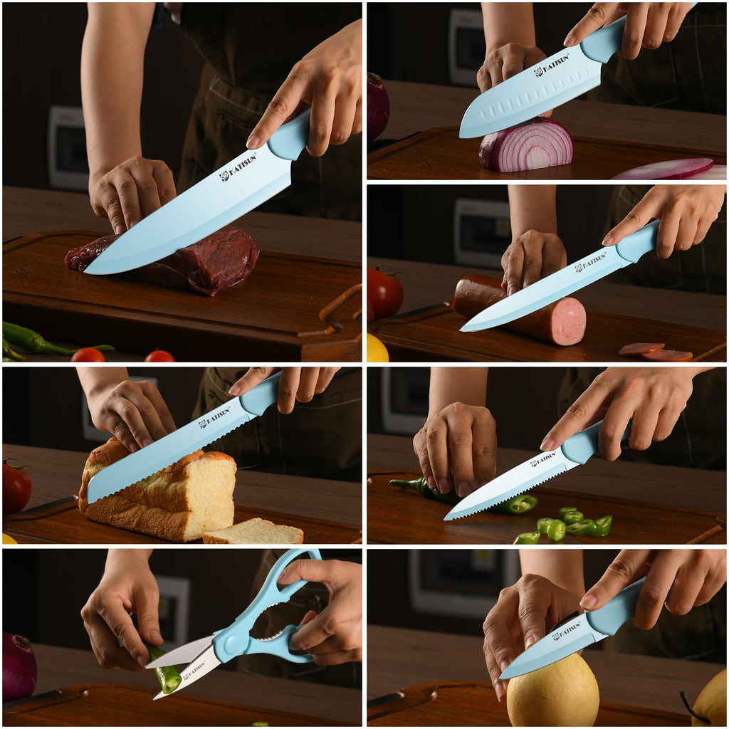 Kitchen Knife Set With Guards, 13 Piece Blue Non-Stick Stainless Steel Boxed Knives Set, Anti-Rust And Dishwasher Safe, 6 Knives With 6 Blade Covers And Kitchen Shears