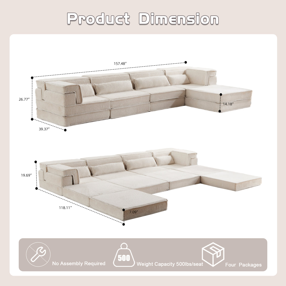 Compression Mahjong Sofa,Convertible Floor Sofa Bed,DIY Boneless Modular Sectional Sofa,No Assembly Required,Circle Fleece Fabric,Oversized 4 Seater With 1 Ottoman,White