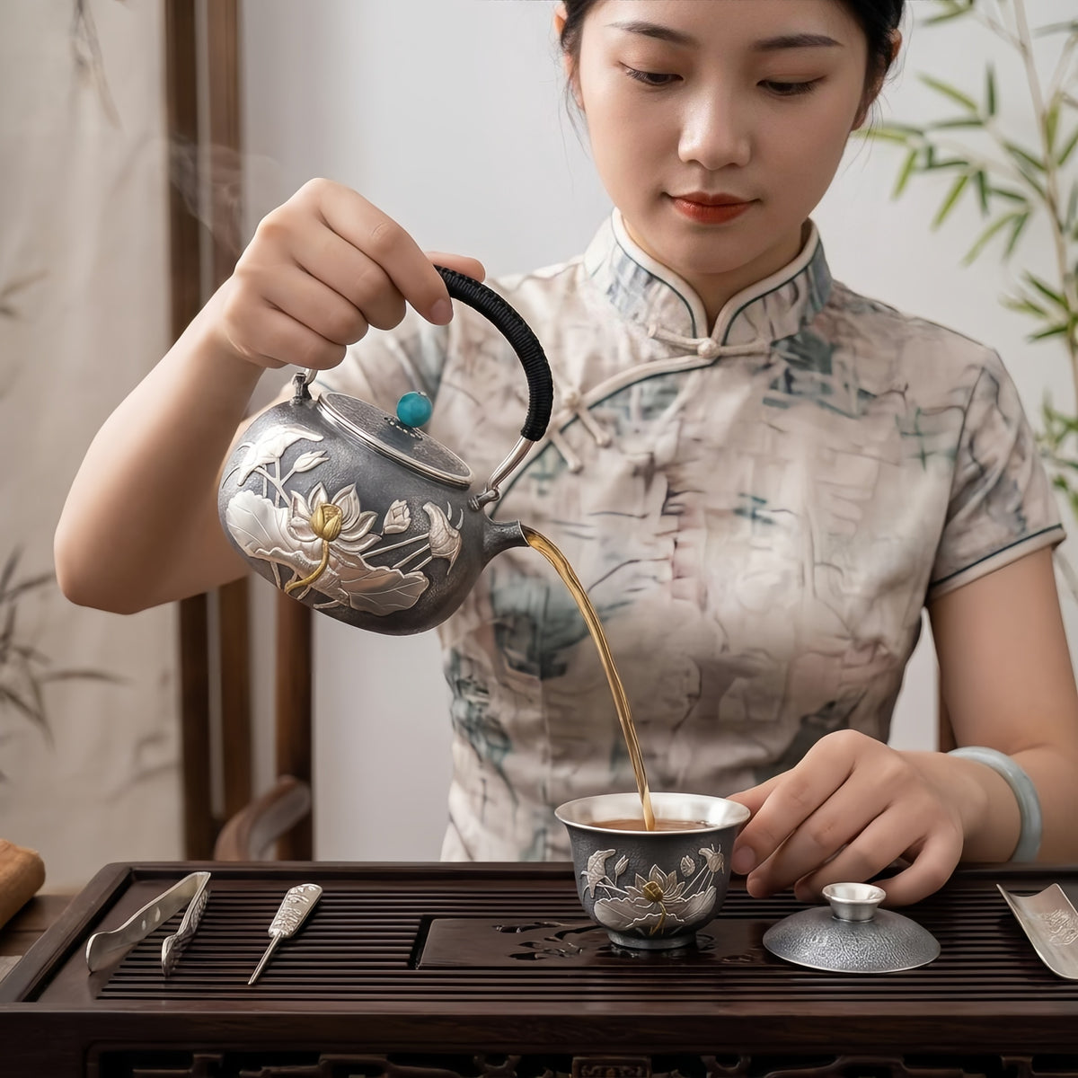 925 Sterling Silver Artisan Silver Lotus Teapot with Turquoise Finial and Woven Handle - Handicraft