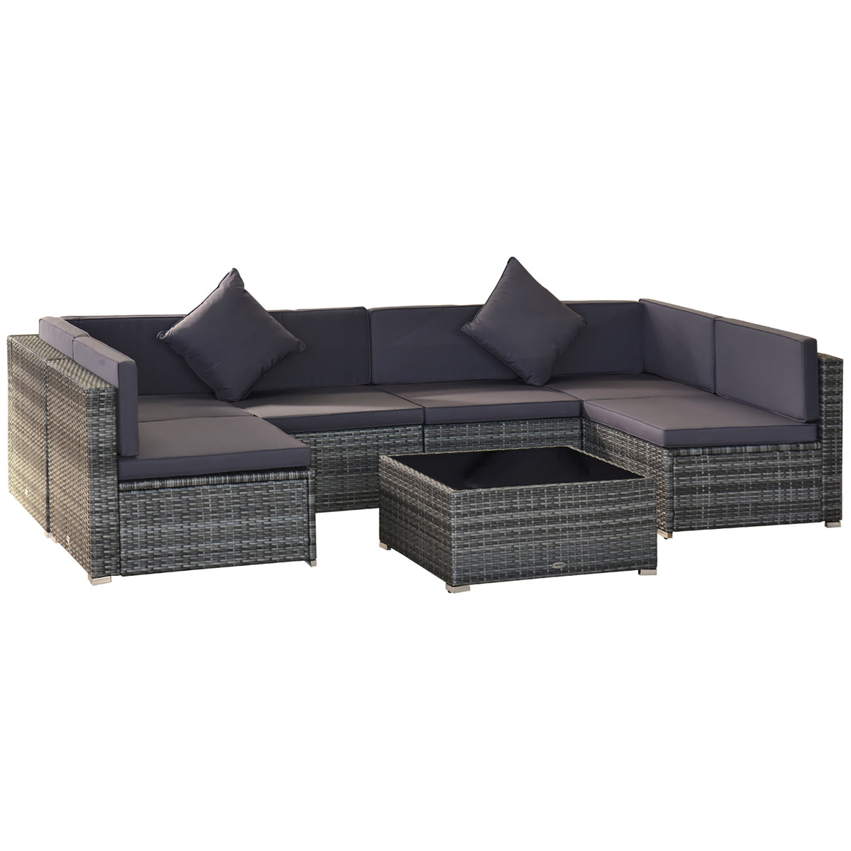 7 Piece Wicker Patio Furniture For Backyard Outdoor Sectional Sofa With Cushions  Tempered Glass Coffee Table Pillows Gray