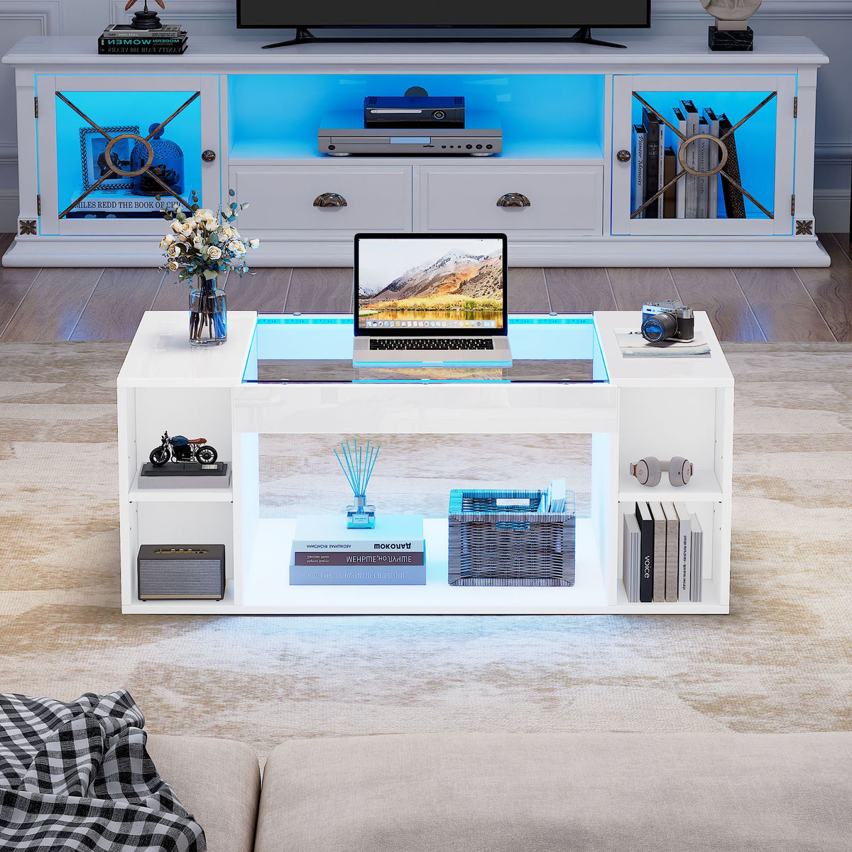 High Gloss Coffee Table With Open Storage, LED Lights