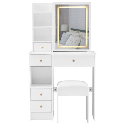 29.2 Small Size Left Drawer Desktop Vanity Table  Cushioned Stool, Large Sliding, Touch Control, Tri-color Switching, Brightness Adjust LED Mirror, High Capacity Storage, Suitable For Small Space