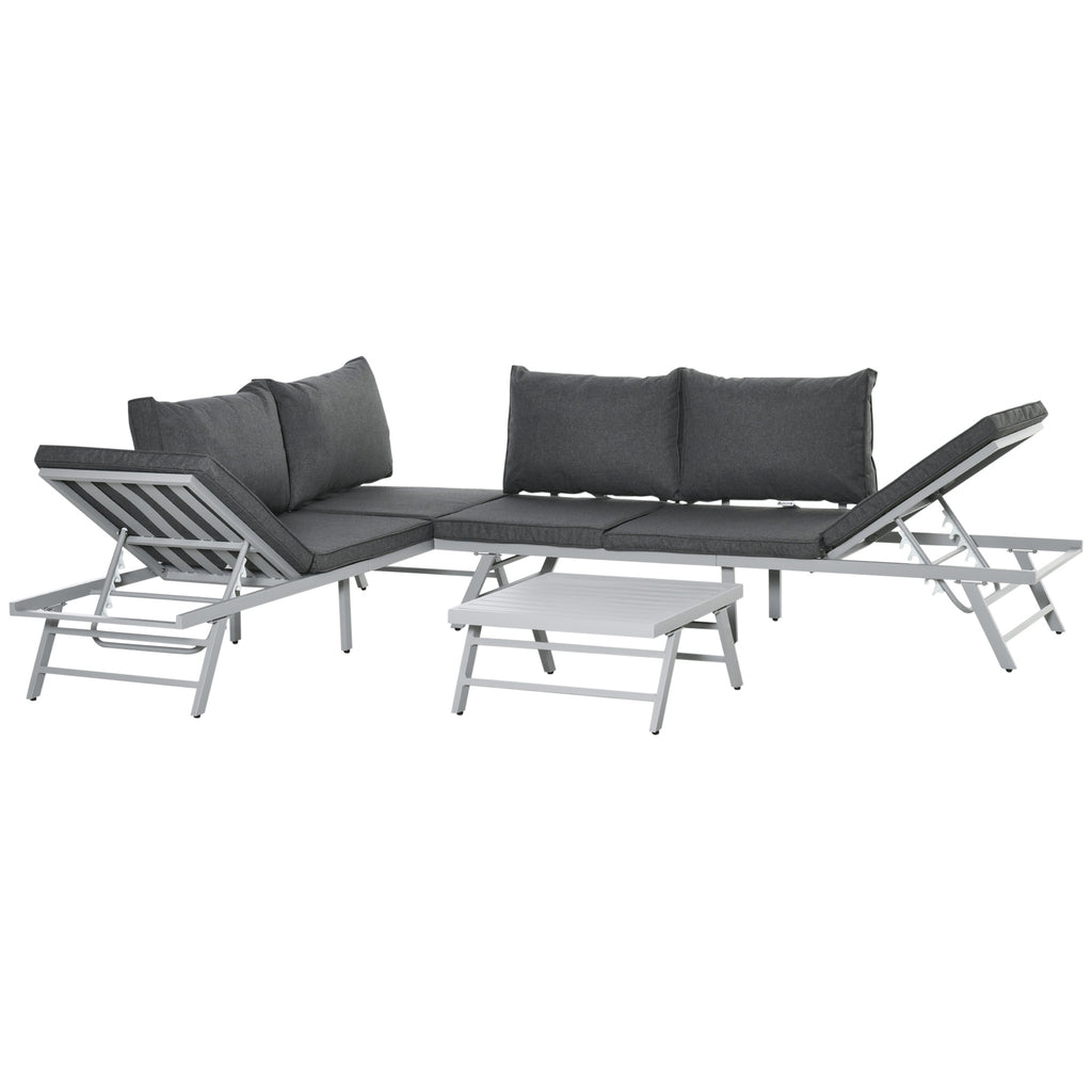 3 Pieces Garden Furniture Sets, 6 Seater Corner Sofa Set With Adjustable Backrest Chase Lounge With Slatted Metal Top Table, Padded Cushion, Grey