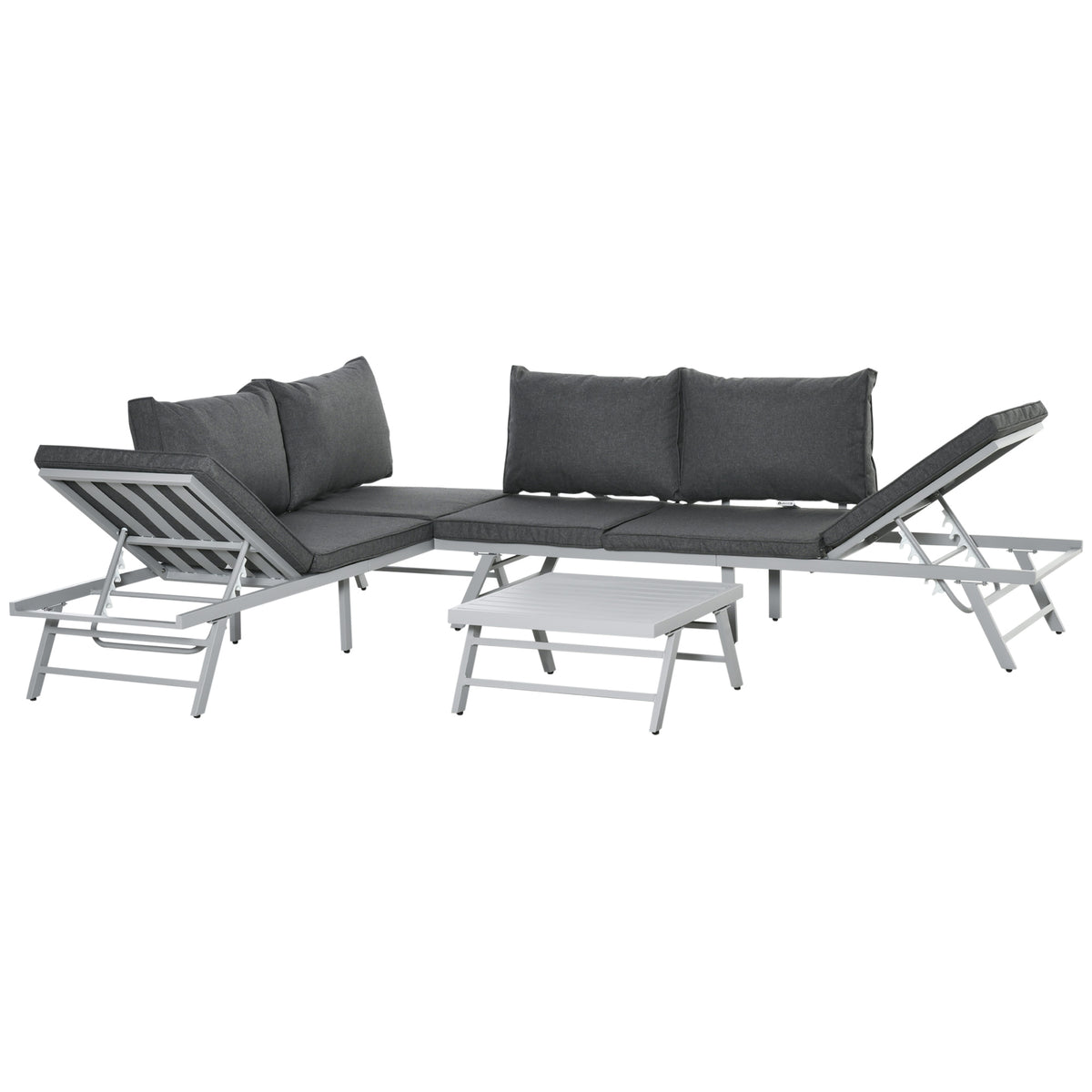 3 Pieces Garden Furniture Sets, 6 Seater Corner Sofa Set With Adjustable Backrest Chase Lounge With Slatted Metal Top Table, Padded Cushion, Grey