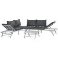 3 Pieces Garden Furniture Sets, 6 Seater Corner Sofa Set With Adjustable Backrest Chase Lounge With Slatted Metal Top Table, Padded Cushion, Grey