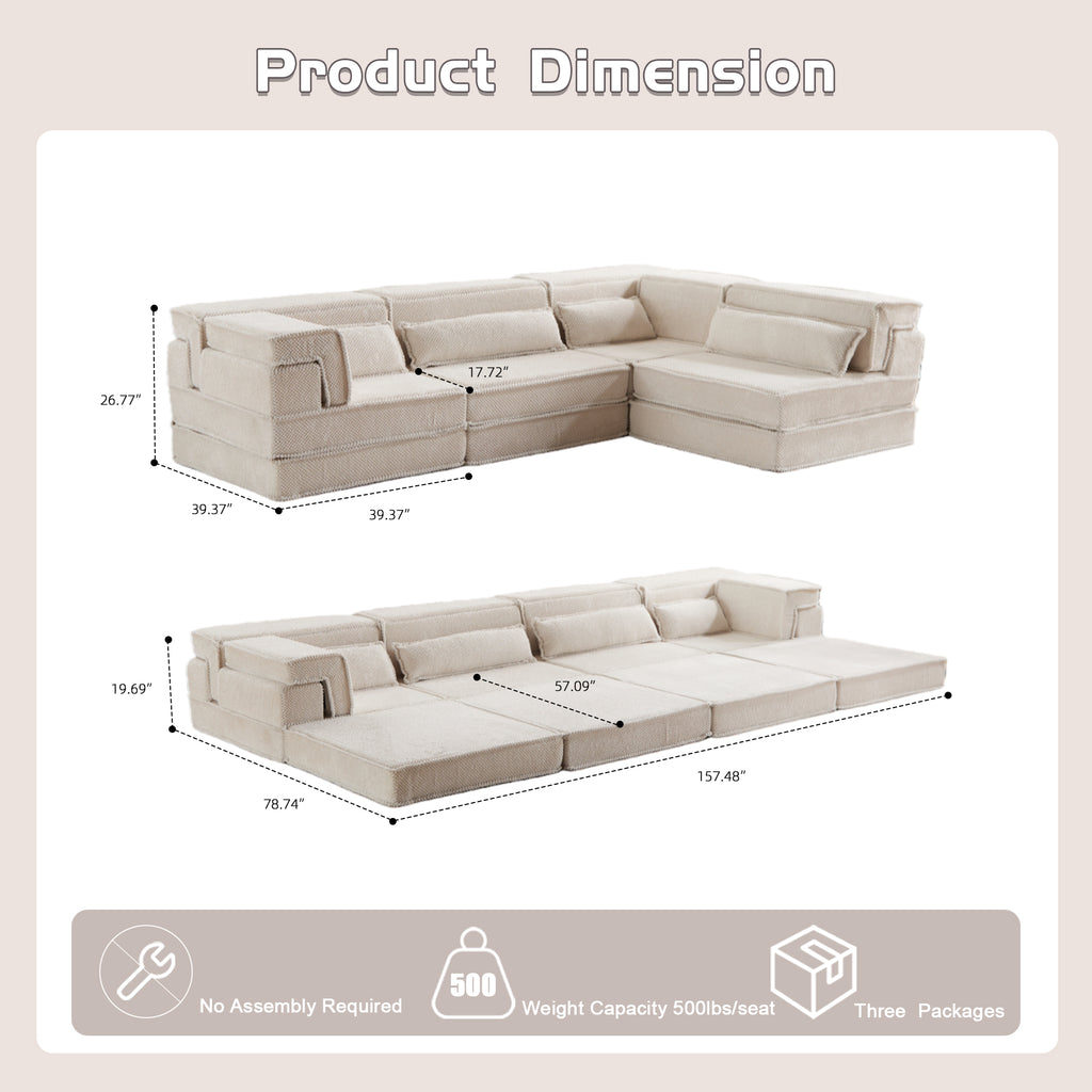Compression Mahjong Sofa,Convertible Floor Sofa Bed,DIY Boneless Modular Sectional Sofa,No Assembly Required,Circle Fleece Fabric,Oversized 4 Seater With 4 Pillows,White