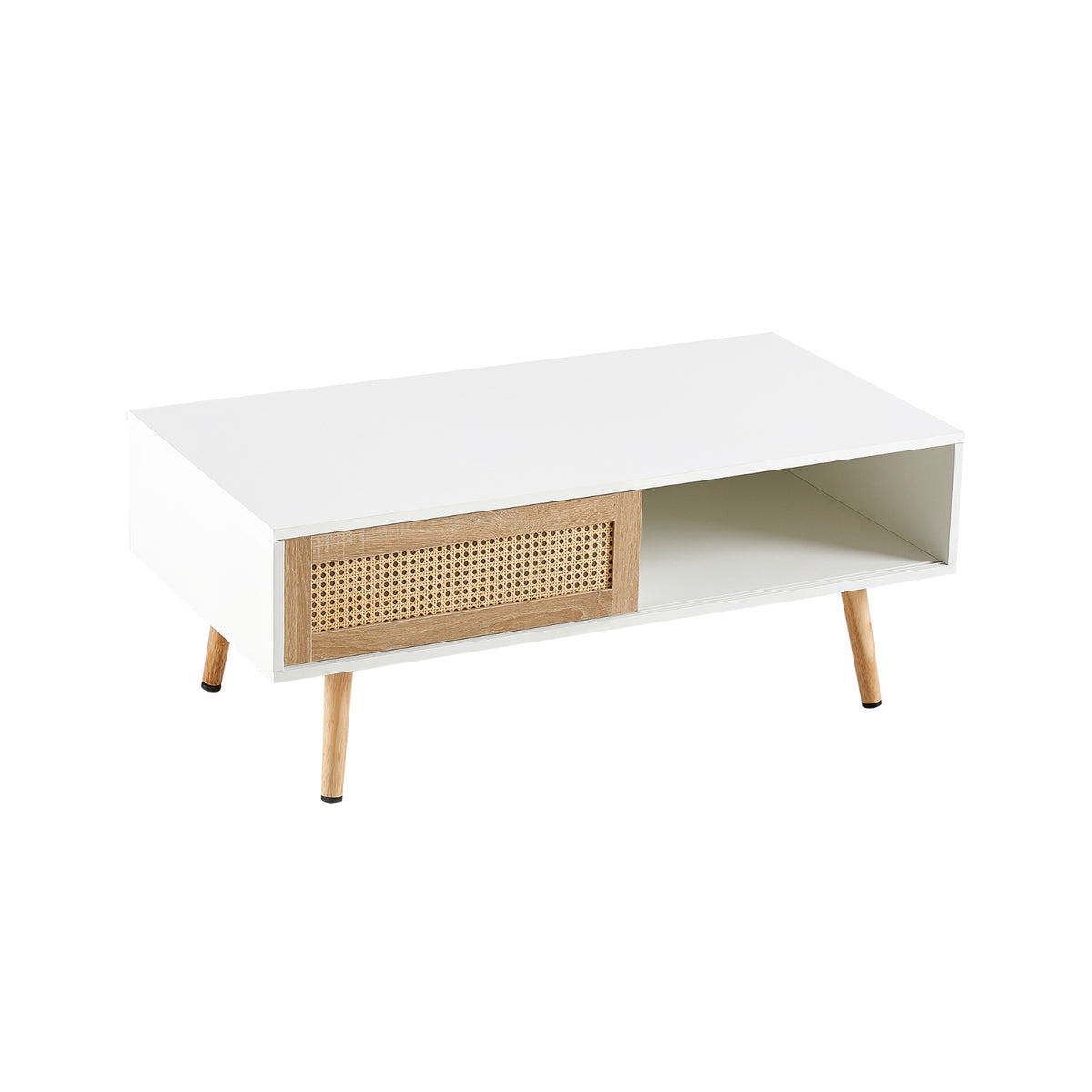 Rattan Coffee Table With Sliding Door And Solid Wood Legs