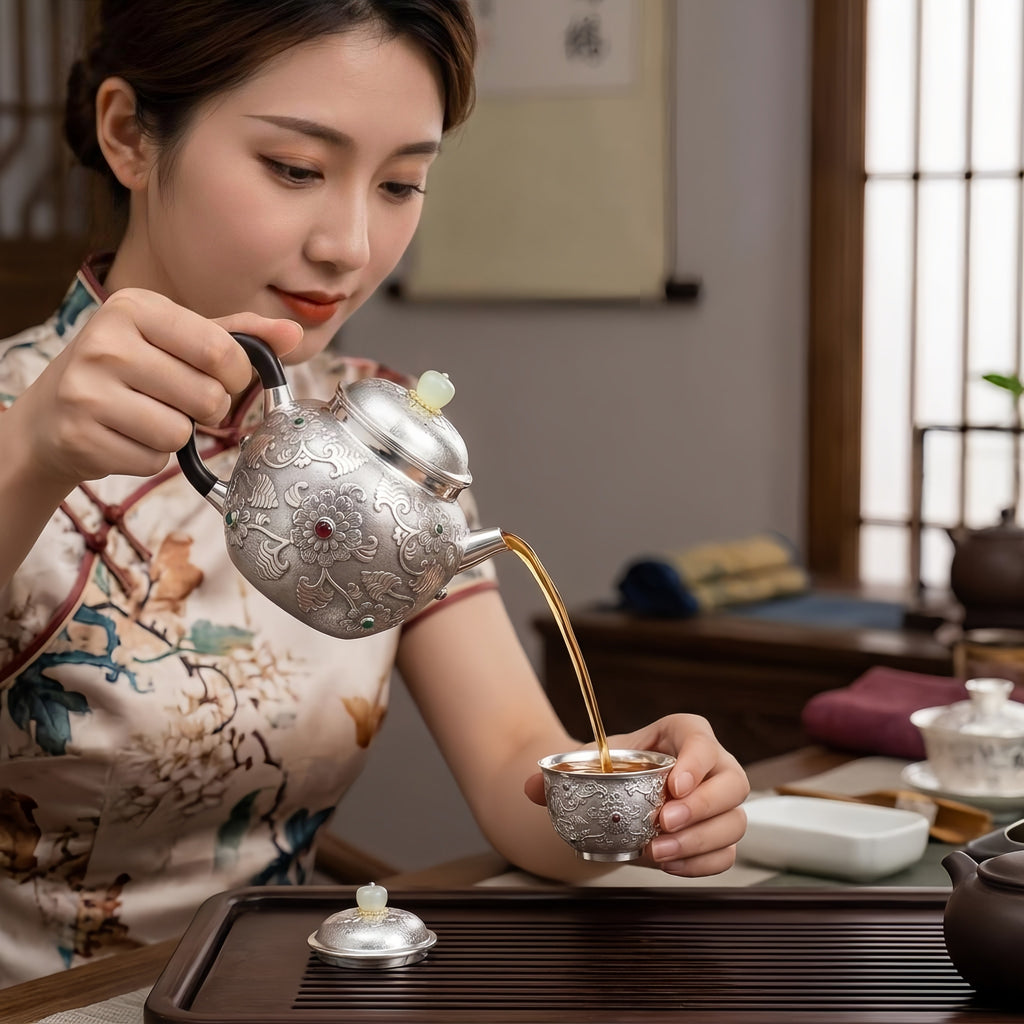 Pure 999 Fine Silver Ornate Handcrafted Silver Teapot with Floral Embossing and Vibrant Gemstone Accents - Handicraft