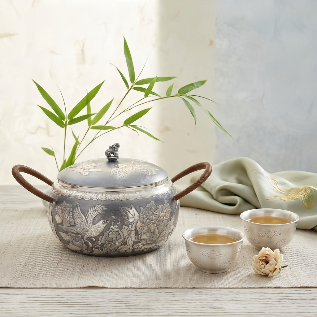 Pure 999 Fine Silver Ornate Silver Engraved Pot with Bird and Floral Motifs and Rattan Handles - Handicraft