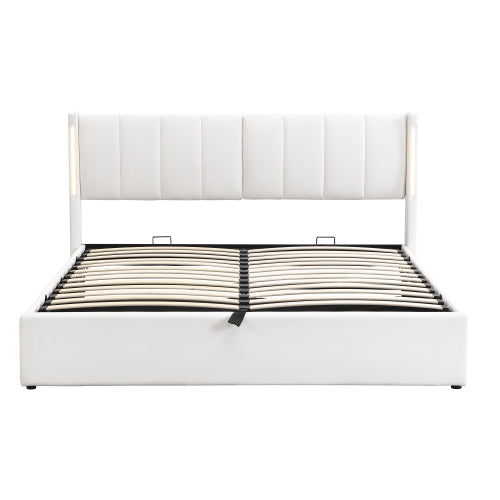 LED Upholstered Bed ,King Size Bed-5ft150x200cm, Hydraulic Bed, Rechargeable USB Port In Bed, With LED Lighting, With Storage Space, Adjustable Headboard, PU , White