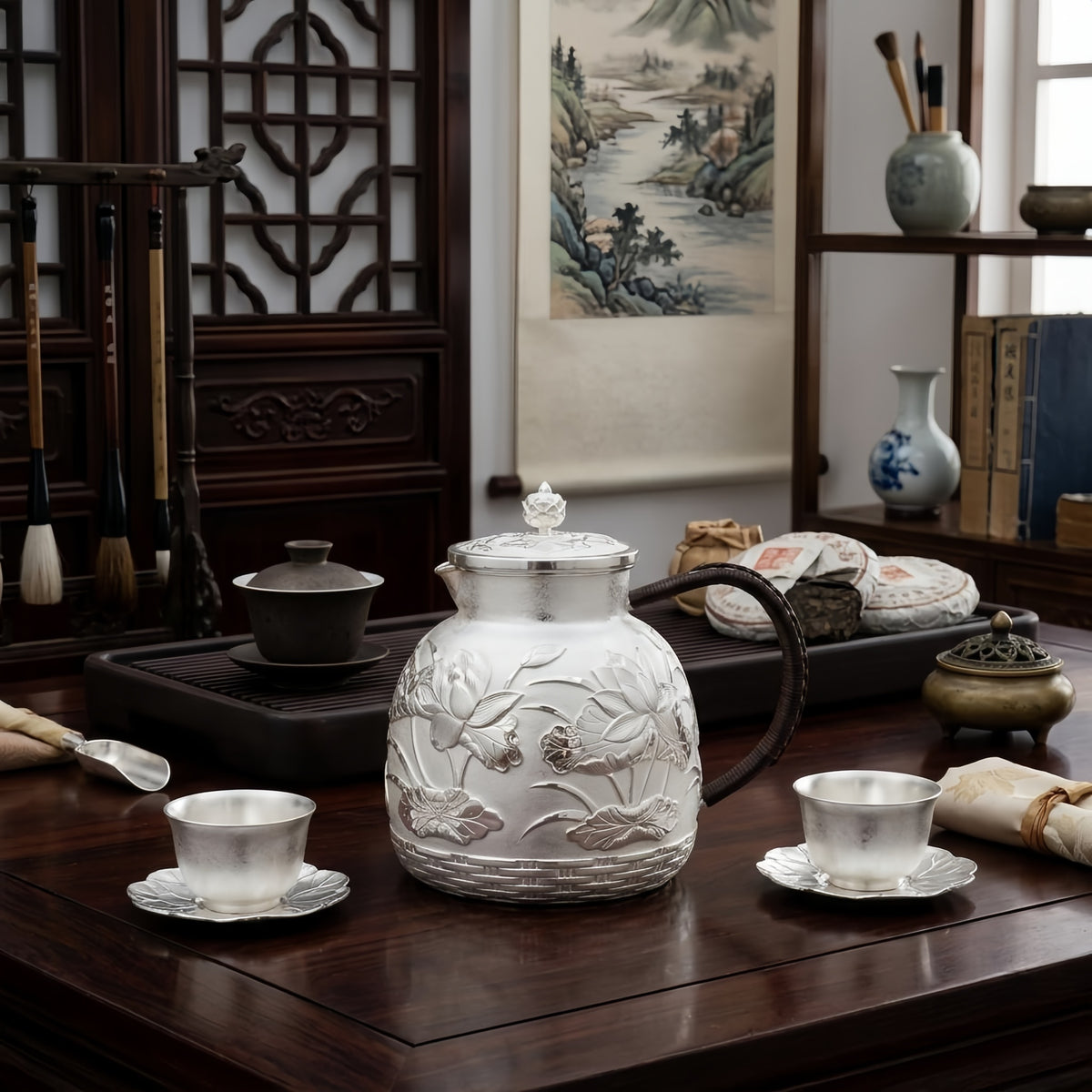 Pure 999 Fine Silver Handcrafted Silver Lotus Teapot with Woven Base and Dark Wrapped Handle - Handicraft