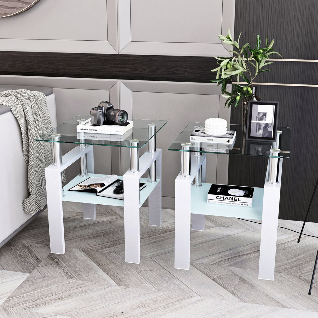 2-Pc Modern Tempered Glass Coffee Tea End Tables For Living Room