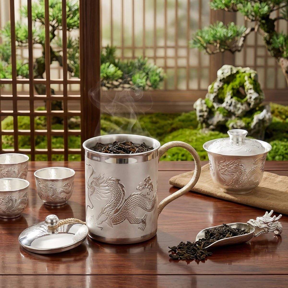 925 Sterling Silver Exquisite Silver Dragon Relief Mug with Hand-Wrapped Rope Handle and Lid - Handicraft