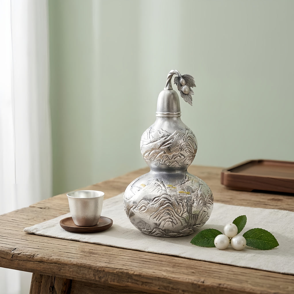 Pure 999 Fine Silver  Gourd Vessel with Engraved Mountain Landscape and Leaf Ornament-Premium gourd - Handicraft
