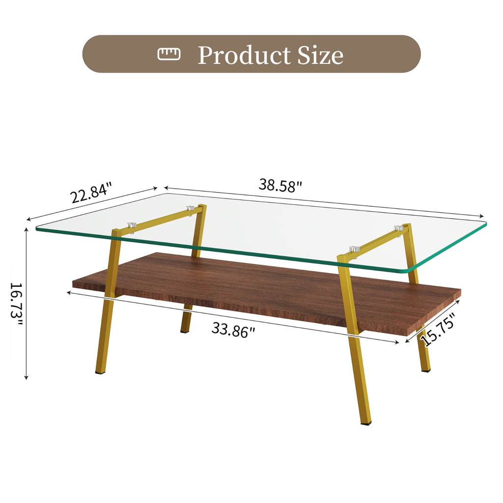 Rectangle Coffee Table, Tempered Glass Tabletop With Gold Metal Legs, Modern Table For Living Room