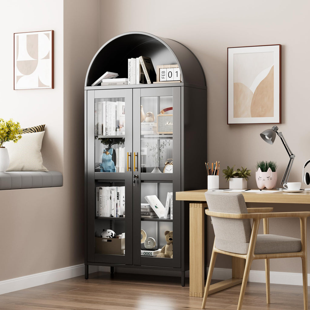 78.74inch H Metal Arched Cabinet With Lock And LED Light Strip, Metal Display Cabinet With Glass Doors And Adjustable Shelves,Suitable For Dining Room, Home, Assembly Required,Black