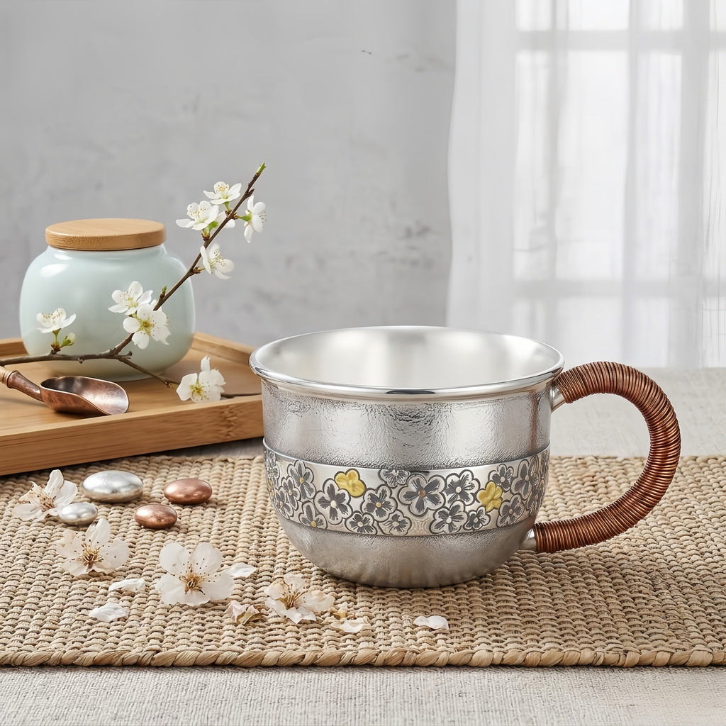 925 Sterling Silver Artisanal Hammered Silver Cup with Floral Engravings and Copper-Wrapped Handle - Handicraft