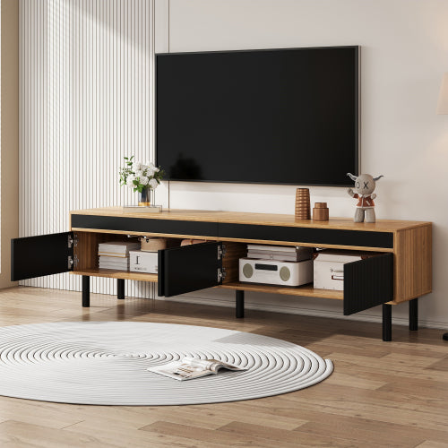TV Cabinet, TV Table, TV Panel, Low Cabinet With Four Doors. Fine Texture. Black And Wood Color.