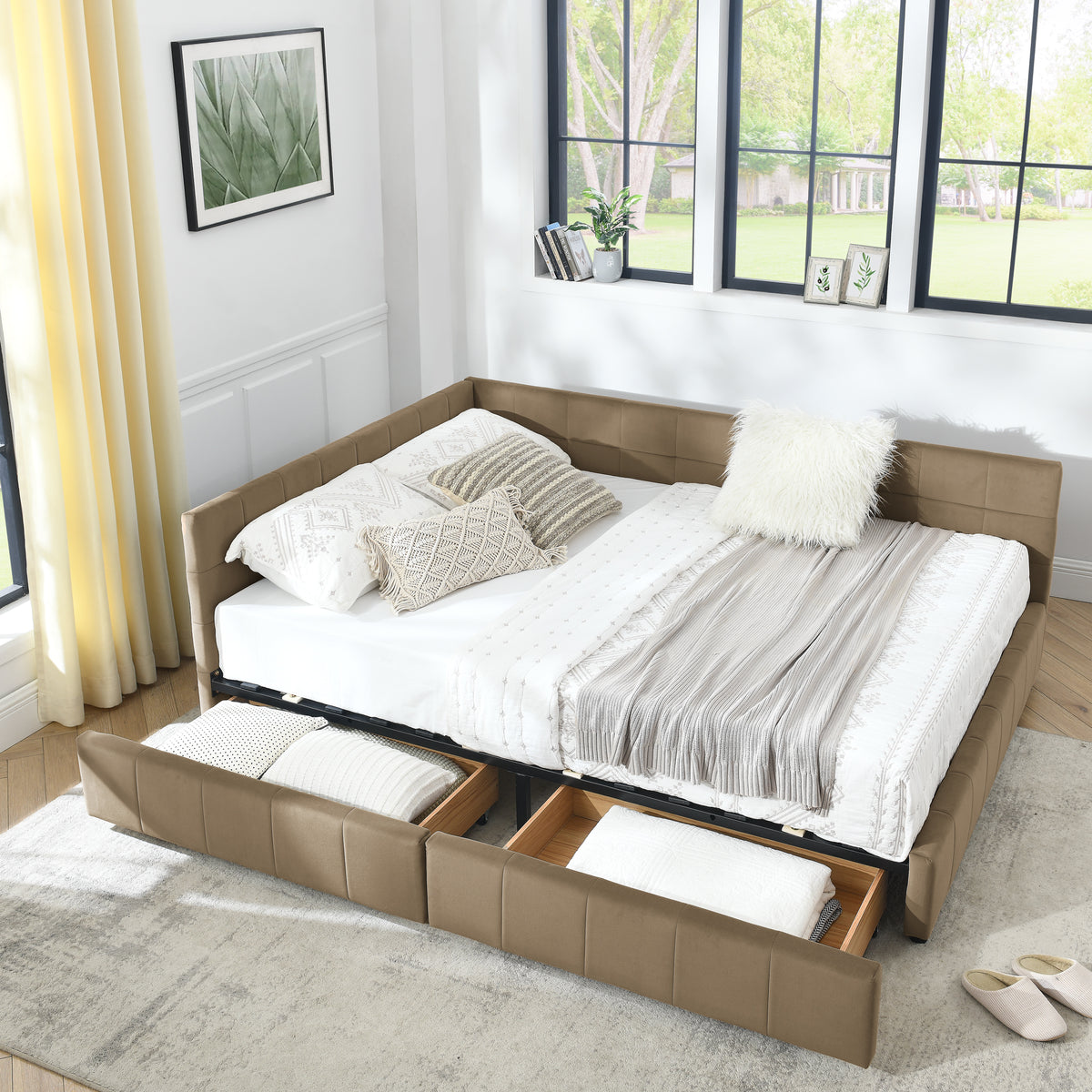 Queen Size Storage Upholstered Tufted Bed Frame, Sofa Bed Frame With Comfortable Backrest And Armrests, Queen Size Bed For Bedroom, Living Room,Velvet, BROWN 85.5x64.5x29.5