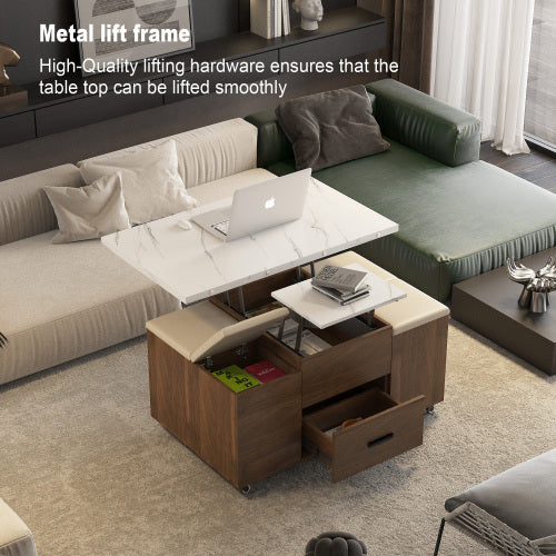 Modern Lift-Up Coffee Table With 4 Stools Set For Living Room Expandable 1 Hidden Storage 2 Drawers Space Saving Folding Dining Table