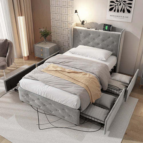 Upholstered Bed, Storage Bed, 3FT Single Bed 90x190cm, With 4 Drawers And Lamp, 3 USB Port 1 Type C, Durable And Sturdy, Youth Bed, For Adults  Teenagers, Velvet, Grey
