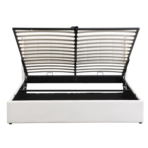 LED Upholstered Bed ,King Size Bed-5ft150x200cm, Hydraulic Bed, Rechargeable USB Port In Bed, With LED Lighting, With Storage Space, Adjustable Headboard, PU , White