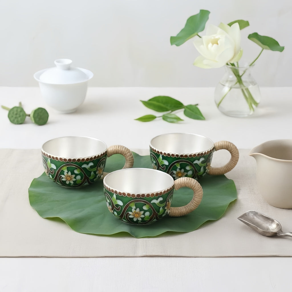 925 Sterling Silver Handcrafted Enamel Floral Cups with Rattan Handles - Handicraft