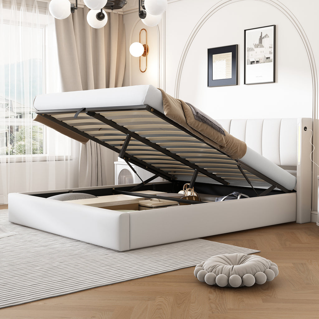 LED Upholstered Bed ,Double Bed-4ft6 135x190cm, Hydraulic Bed, Rechargeable USB Port In Bed, With LED Lighting, With Storage Space, Adjustable Headboard, PU , White