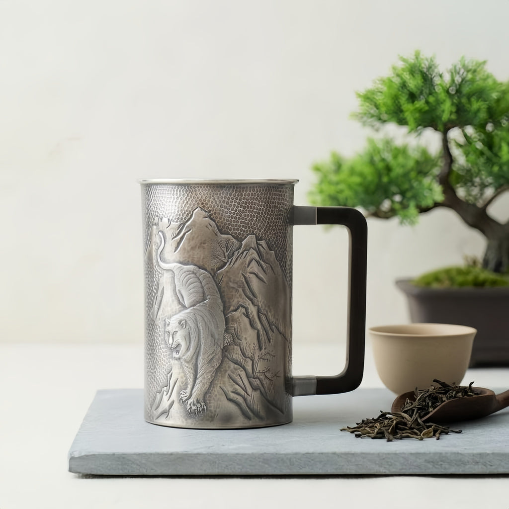 Pure 999 Fine Silver Handcrafted Silver-Toned Tankard Featuring Intricate Embossed Tiger and Mountain Landscape Relief - Handicraft