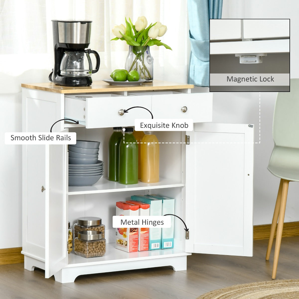 Kitchen Storage Cabinet, Sideboard Floor Cupboard With Solid Wood Top, Adjustable Shelf & 2 Drawers For Living Room, Hallway, White