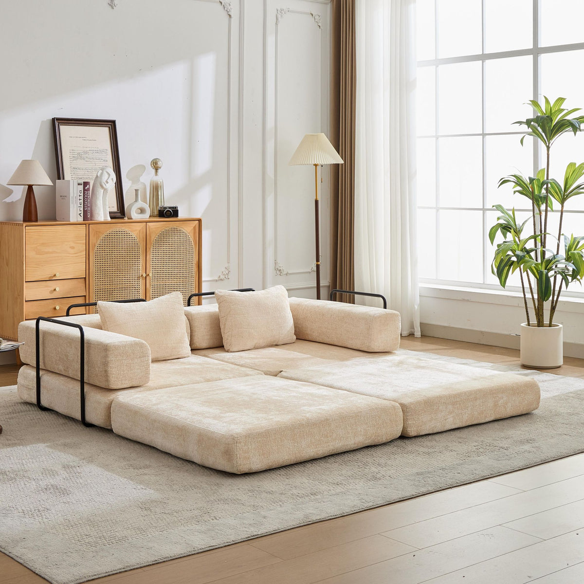 Compression Sofa,Convertible Floor Sofa Bed With Fixed-Shape Frame, Loveseats Boneless Modular Sectional Sofa,No Assembly Required,Chenille Fabric,for Living Room Bedroom,Beige