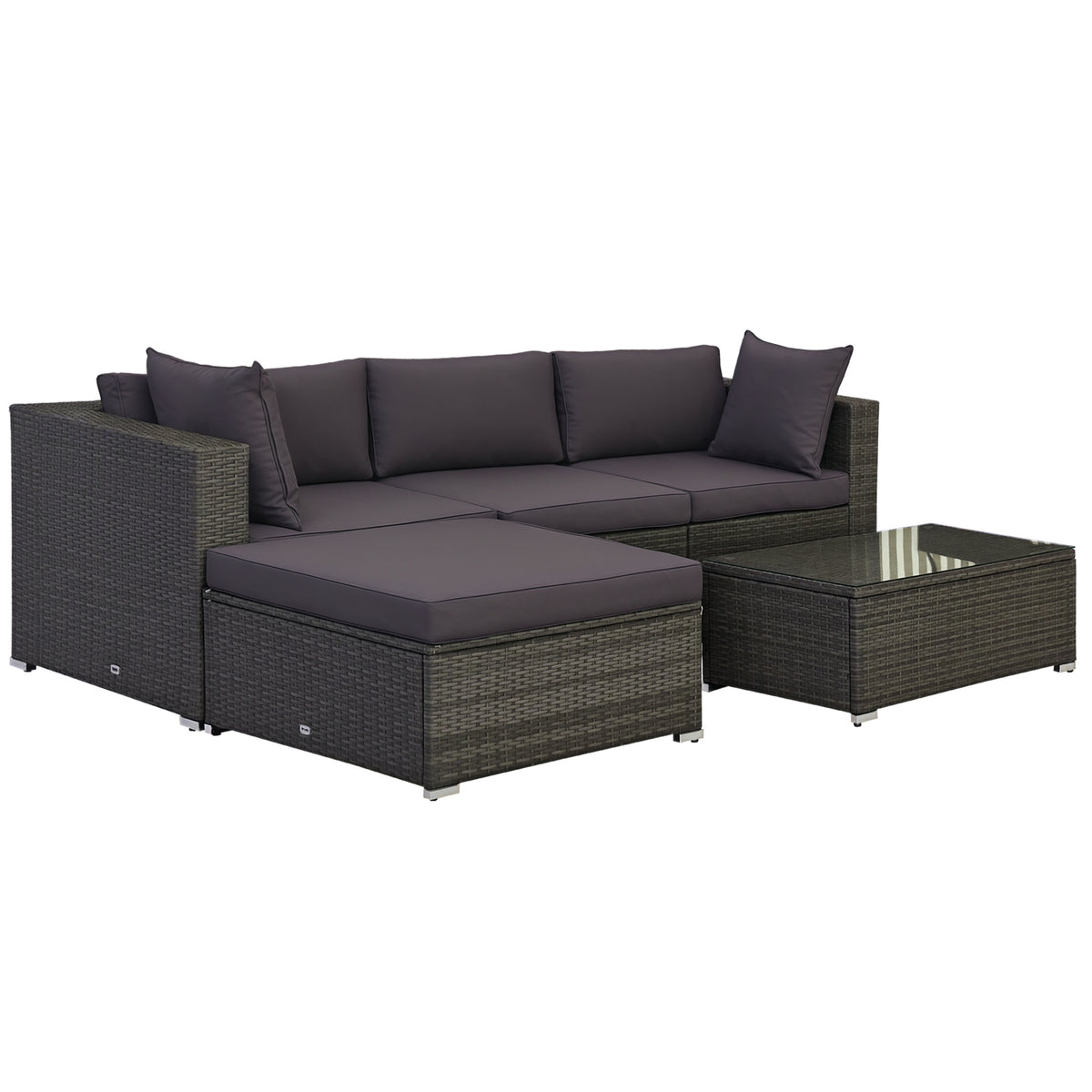 5-Piece Outdoor Sectional Furniture, Patio Sofa Set, PE Wicker Couch, Cushions, Pillows, Ottoman, Table, Charcoal