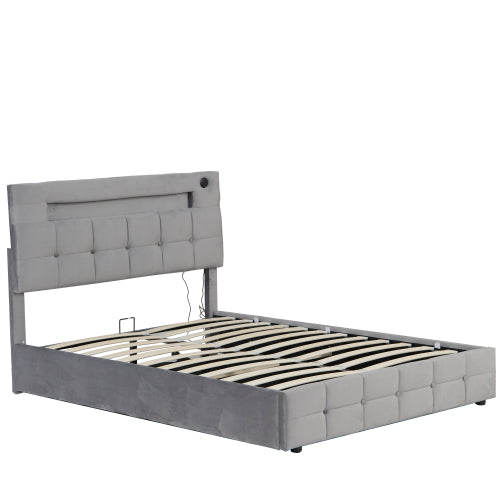 4ft6 Double Upholstered Bed Frame With Hydraulic Storage, Velvet Ottoman Bed With LED Lighting And Charging Station, Double Bed With Adjustable Button Tufted Headboard, Beige