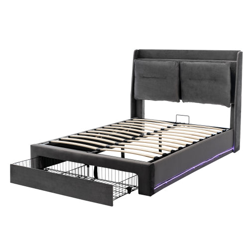 Upholstered Bed, 135x190  4ft6, Double Bed, Hydraulic Bed, 2-in-1 Storage Drawers At The End Of The Bed, Recessed LED Light Strips On Both Sides Of The Bed, Slatted Frame, Velvet,Dark Gray