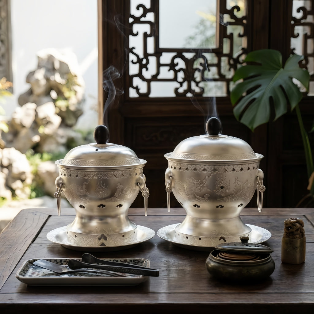 925 Sterling Silver Exquisite Silver-Toned Dragon Engraved Incense Burners Set with Intricate Details and Matching Platters - Handicraft