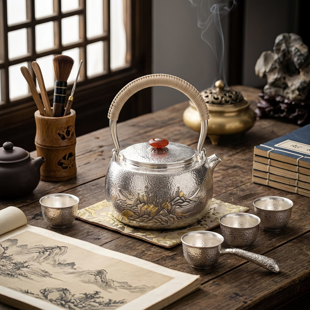 Pure 999 Fine Silver Handcrafted  Teapot with Bamboo Handle and Engraved Landscape Artwork-Fine large teapot - Handicraft