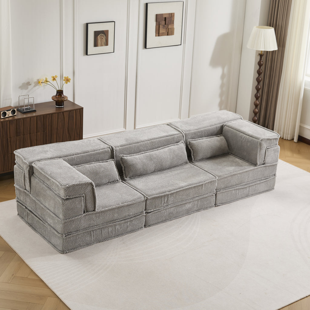 Compression Mahjong Sofa,Convertible Floor Sofa Bed,DIY Boneless Modular Sectional Sofa,No Assembly Required,Circle Fleece Fabric,Oversized 3 Seater With 3 Pillows,Light-Grey