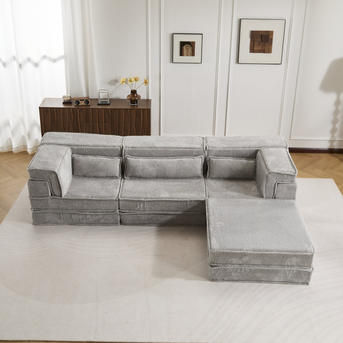 Compression Mahjong Sofa,Convertible Floor Sofa Bed,DIY Boneless Modular Sectional Sofa,No Assembly Required,Circle Fleece Fabric,Oversized 3 Seater With 1 Ottoman,Light-grey
