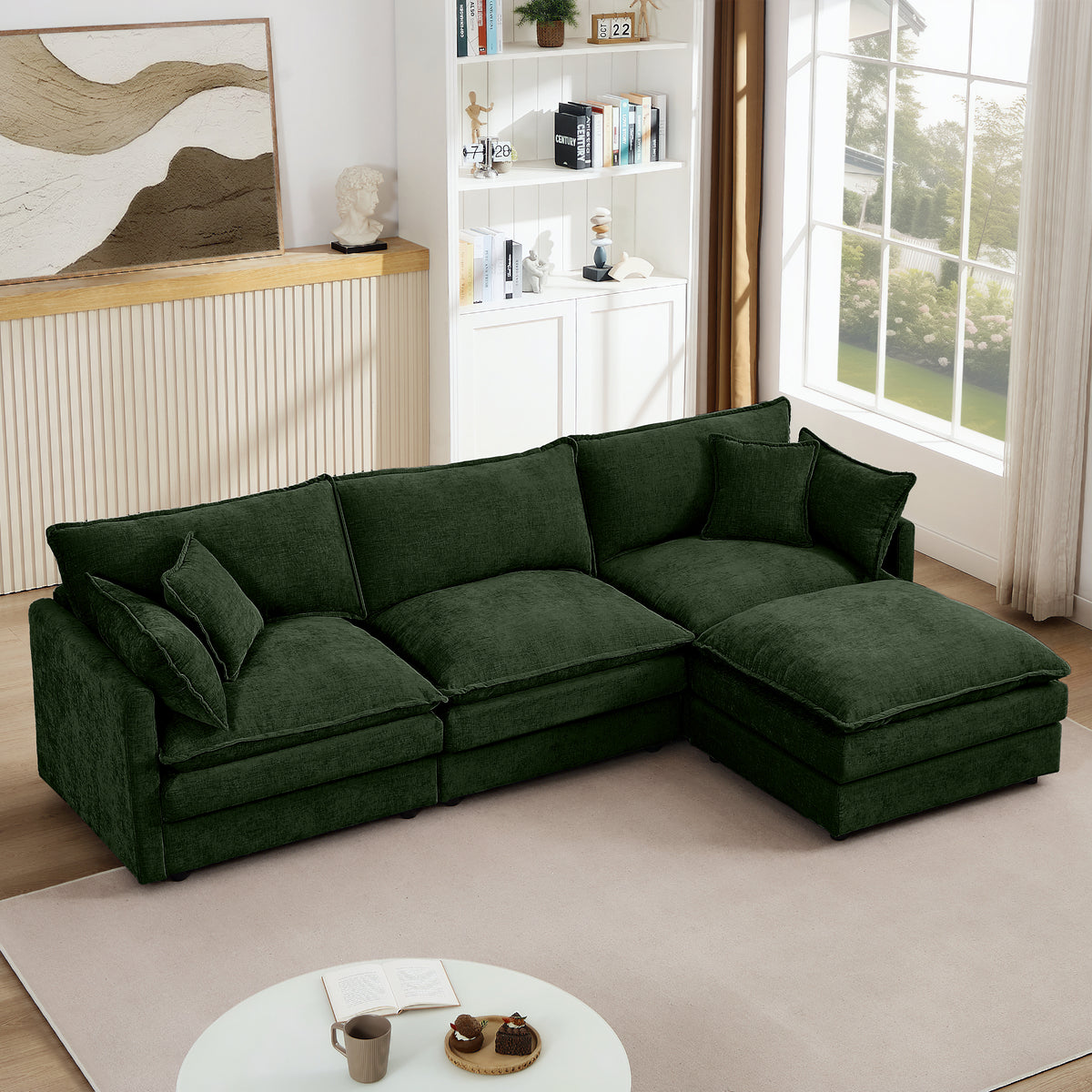Modular Sectional Sofa, 102 Inch L Shaped Couch Set For Living Room, 3-Seater Comfy Cloud Couches With Movable Ottoman, DIY Combination, Chenille, Green